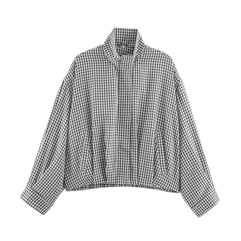 Damen Karo-Übergangsjacke im Oversize-Cropped-Schnitt mit hohem Stehkragen Drune