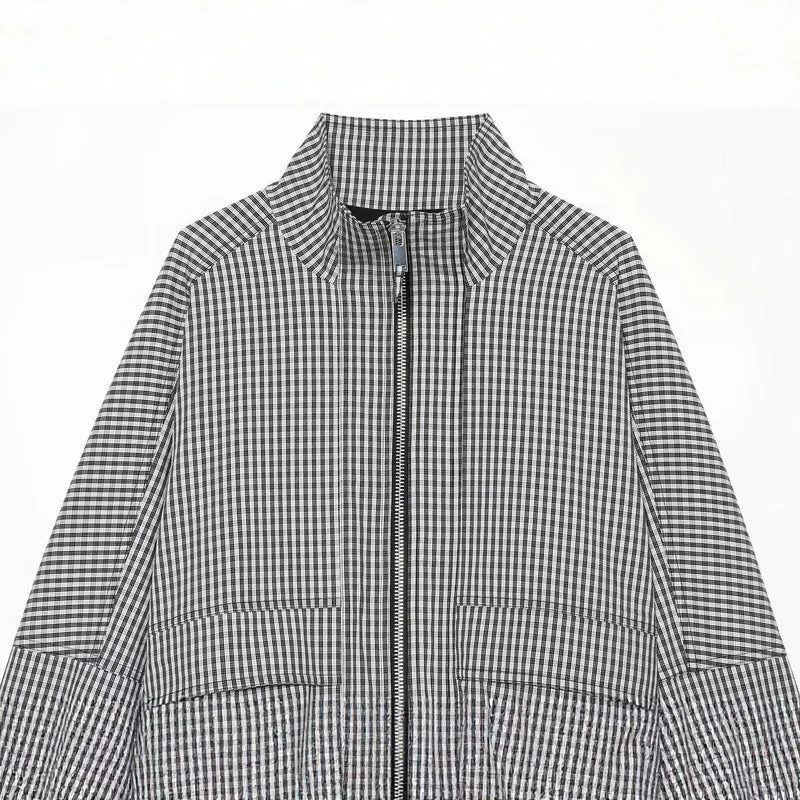 Damen Kariertes Cropped-Blouson mit Stehkragen, Reißverschluss und elastischem Saum Drune