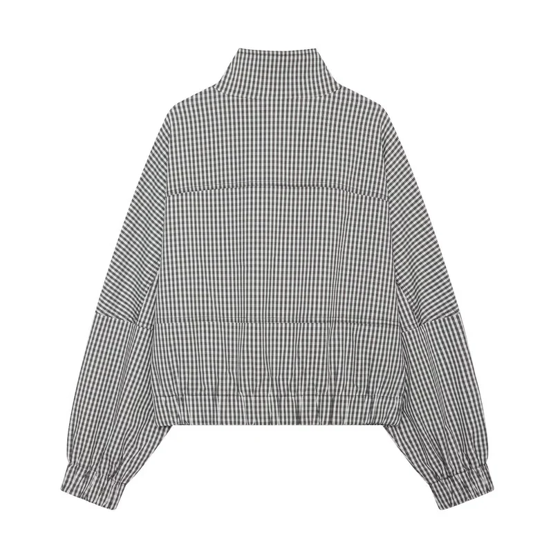 Damen Kariertes Cropped-Blouson mit Stehkragen, Reißverschluss und elastischem Saum Drune