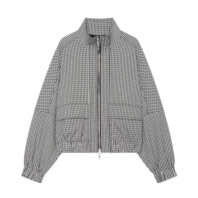 Damen Kariertes Cropped-Blouson mit Stehkragen, Reißverschluss und elastischem Saum Drune