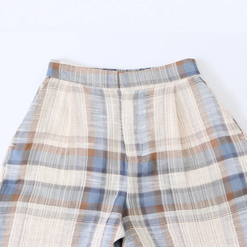 Damen Karierte Leinen-Mix Bundfaltenhose mit Tunnelzug und Schleifenbündchen Drune