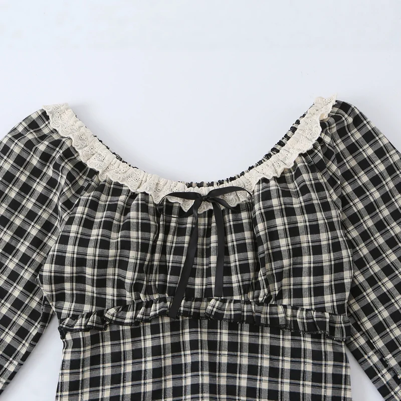 Damen Karierte Cropped-Bluse mit eckigem Ausschnitt, Spitzenbesatz und geraffter Taille Drune