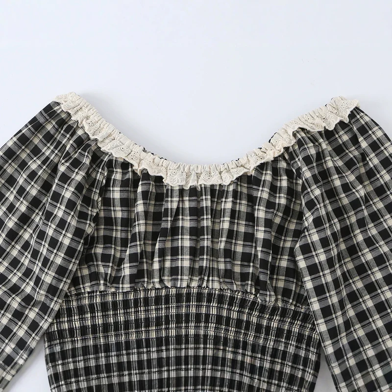 Damen Karierte Cropped-Bluse mit eckigem Ausschnitt, Spitzenbesatz und geraffter Taille Drune