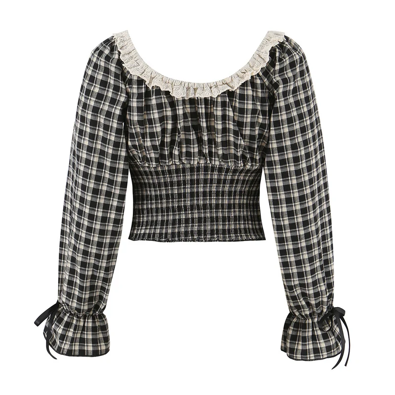 Damen Karierte Cropped-Bluse mit eckigem Ausschnitt, Spitzenbesatz und geraffter Taille Drune