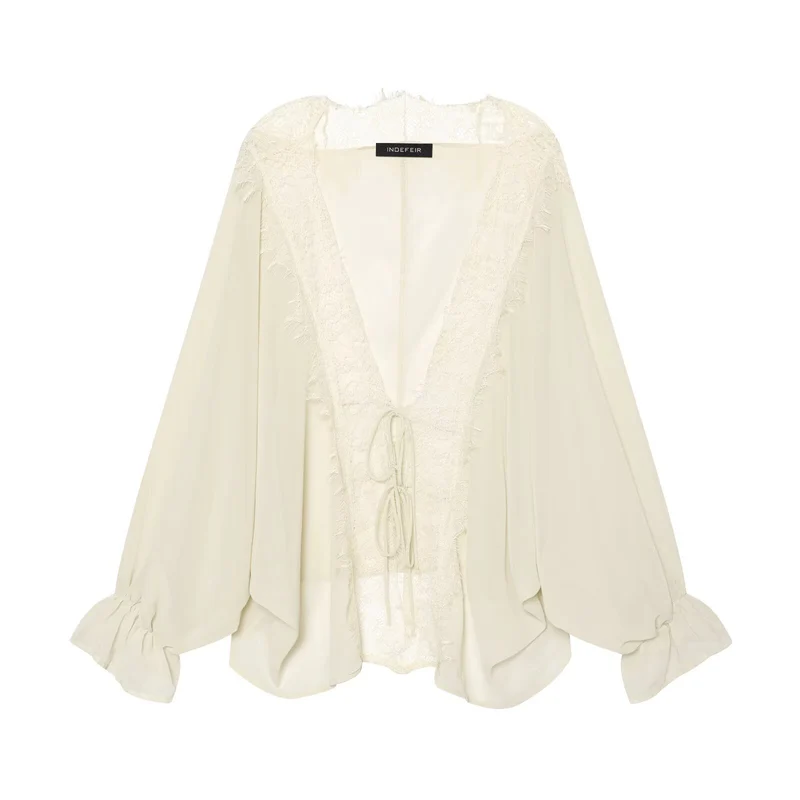 Damen Kaftan-Bluse mit Spitzenkante, Bindeband und Ballonärmeln Drune