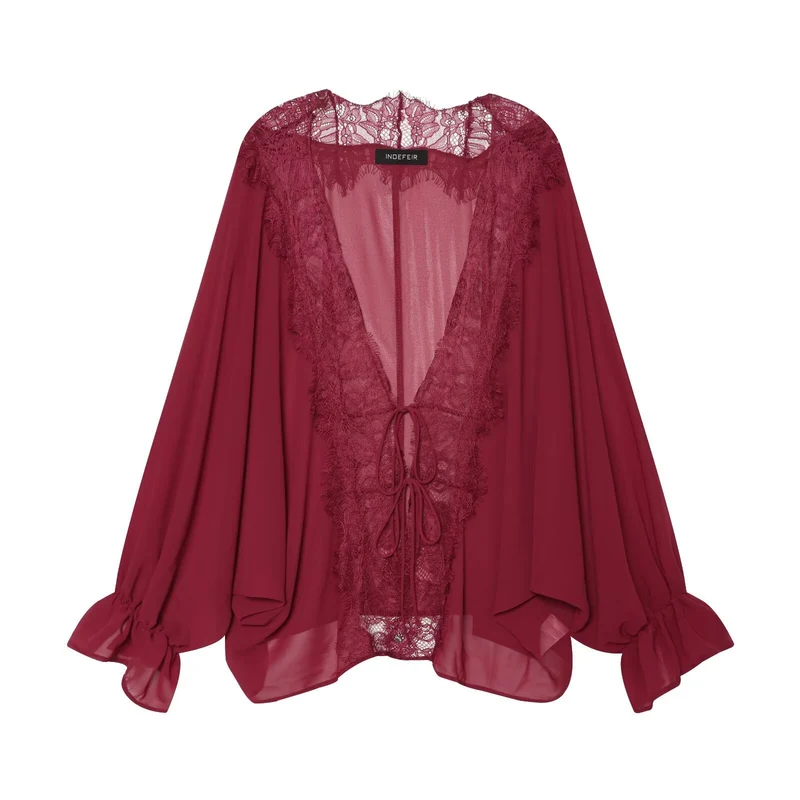 Damen Kaftan-Bluse mit Spitzenkante, Bindeband und Ballonärmeln Drune