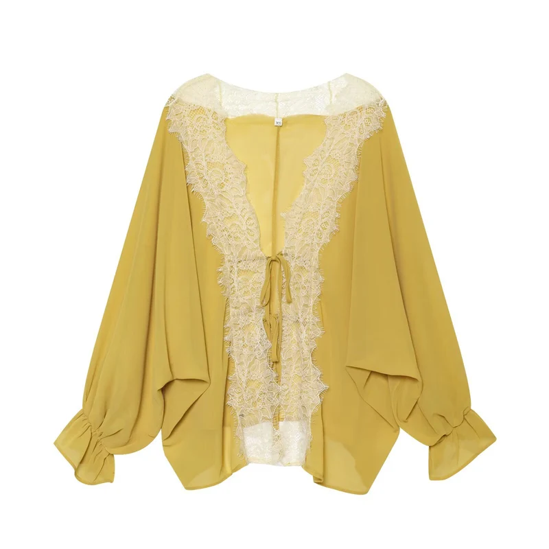 Damen Kaftan-Bluse mit Spitzenkante, Bindeband und Ballonärmeln Drune