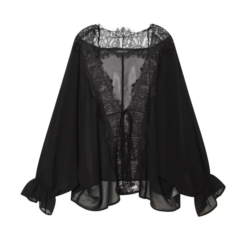 Damen Kaftan-Bluse mit Spitzenkante, Bindeband und Ballonärmeln Drune