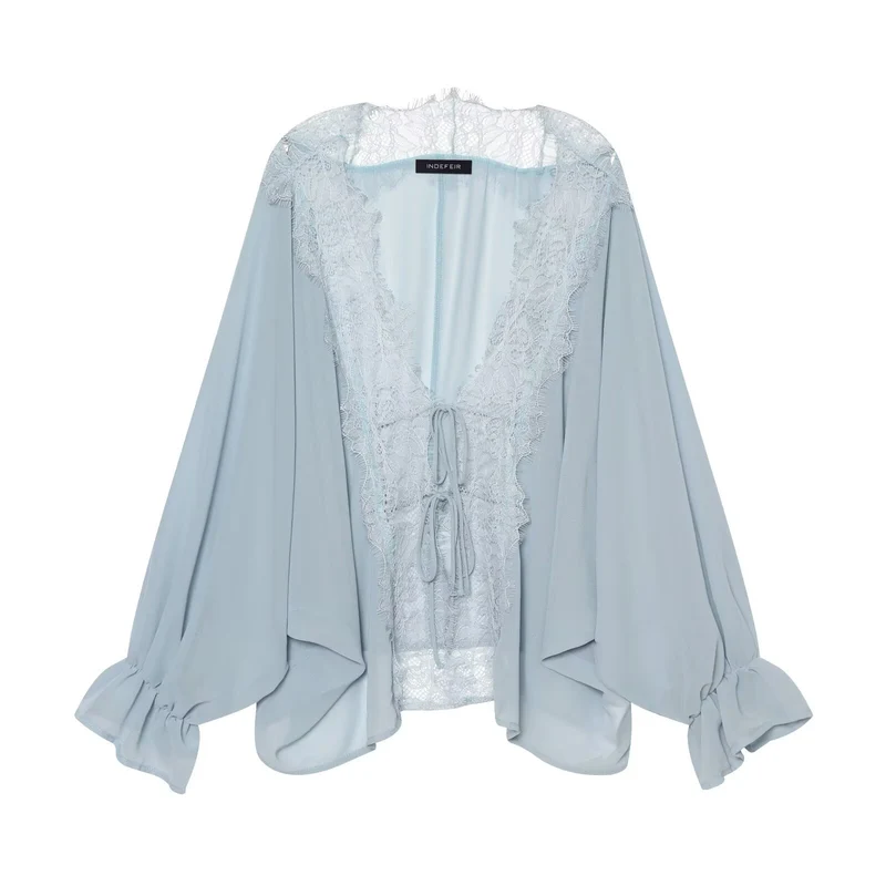 Damen Kaftan-Bluse mit Spitzenkante, Bindeband und Ballonärmeln Drune