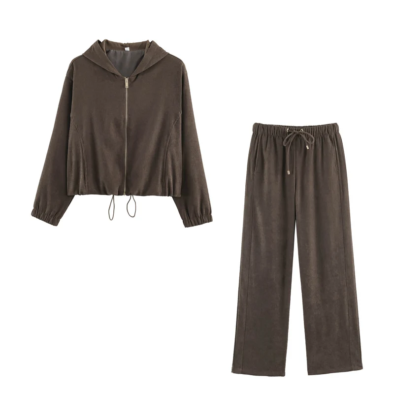 Damen Jersey‑Zweiteiler mit kurzer Kapuzenjacke, Kordelzug und gerader Komforthose Drune