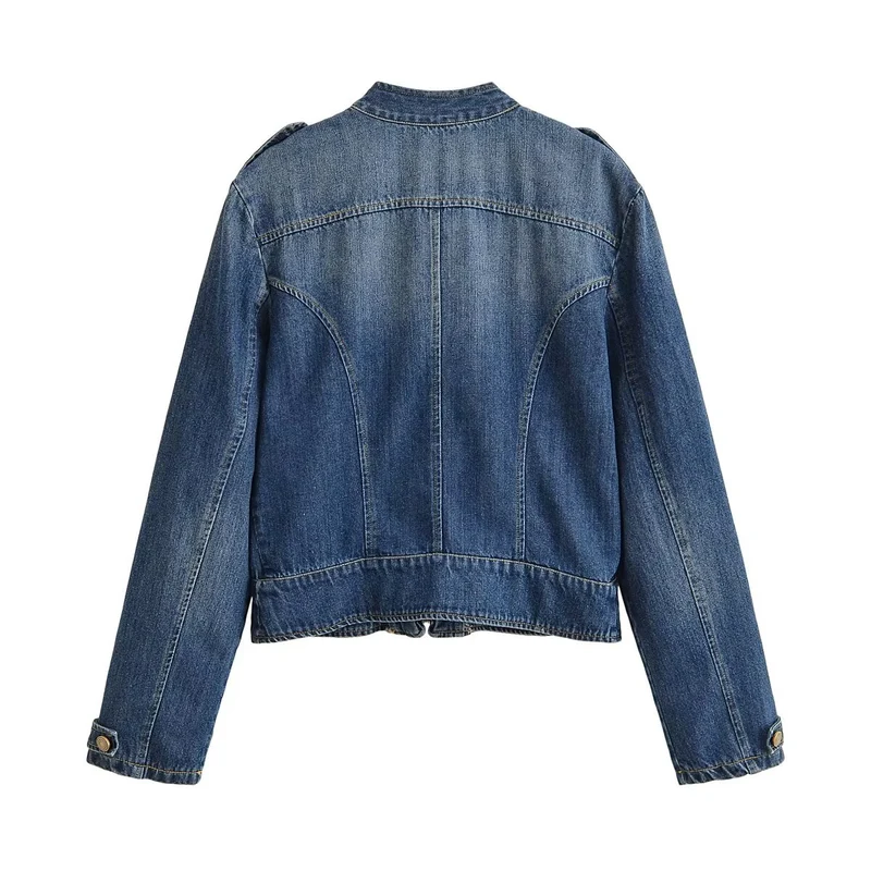 Damen Jeansjacke im Military‑Stil mit Stehkragen, doppelter Zierknopfleiste und Schulterklappen Drune