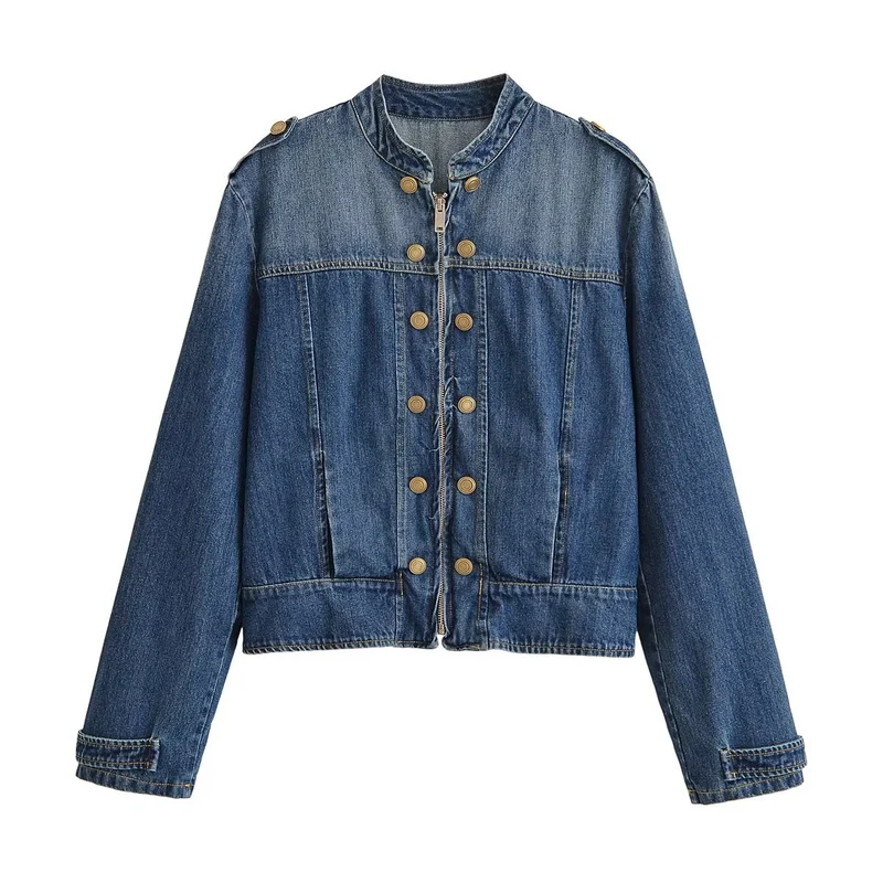Damen Jeansjacke im Military‑Stil mit Stehkragen, doppelter Zierknopfleiste und Schulterklappen Drune