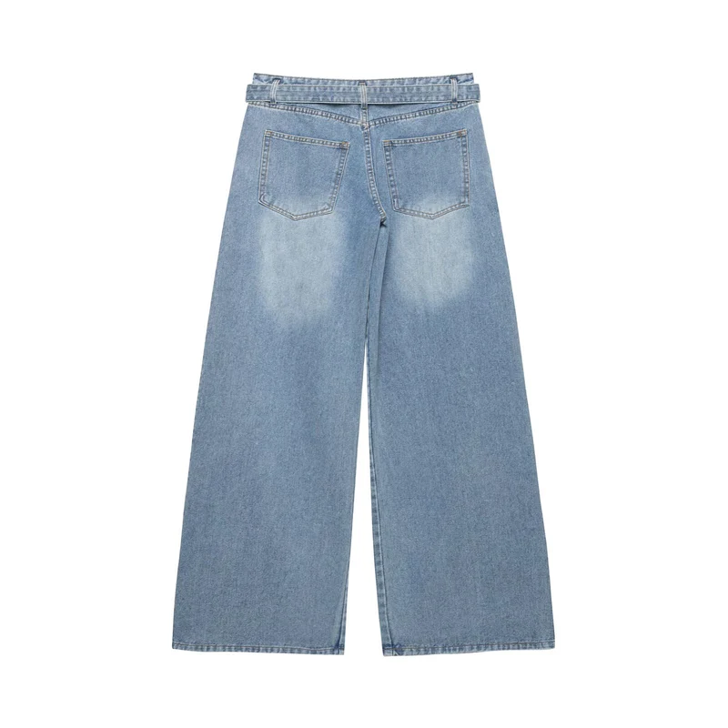 Damen Hochtaillierte weitgeschnittene Jeans mit integriertem Gürtel und seitlichen Steppnähten Drune