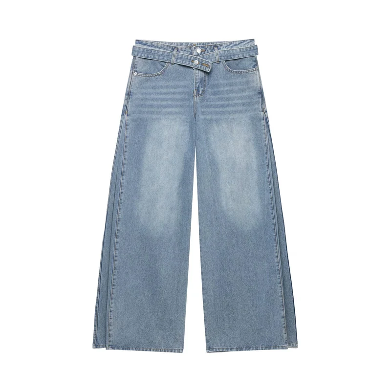 Damen Hochtaillierte weitgeschnittene Jeans mit integriertem Gürtel und seitlichen Steppnähten Drune