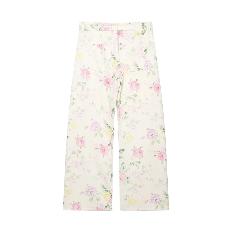 Damen Hochtaillierte weite Jeanshose mit zartem Blumenmuster und Fünftaschen-Schnitt Drune