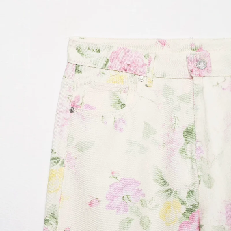Damen Hochtaillierte weite Jeanshose mit zartem Blumenmuster und Fünftaschen-Schnitt Drune