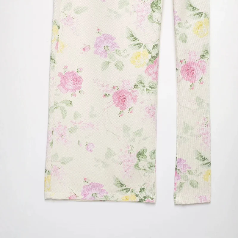 Damen Hochtaillierte weite Jeanshose mit zartem Blumenmuster und Fünftaschen-Schnitt Drune
