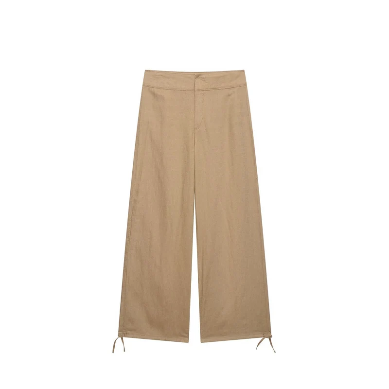 Damen Hochtaillierte Leinen-Mix Weite Hose mit Tunnelzug-Bund und Kordel-Saum Drune