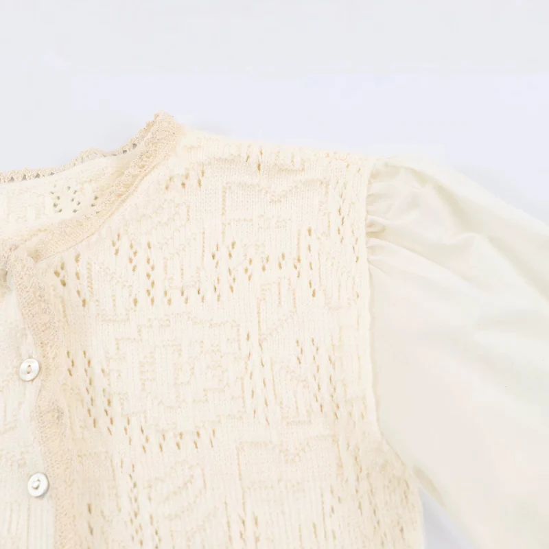 Damen Häkelbluse mit Spitzenärmeln, Volantsaum und Knopfleiste Drune