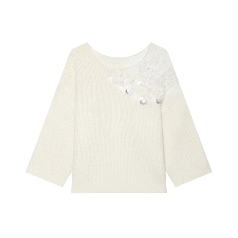 Damen Grobstrick-Pullover mit Rundhalsausschnitt, 3/4-Ärmeln und Pailletten‑Spitzenapplikation Drune