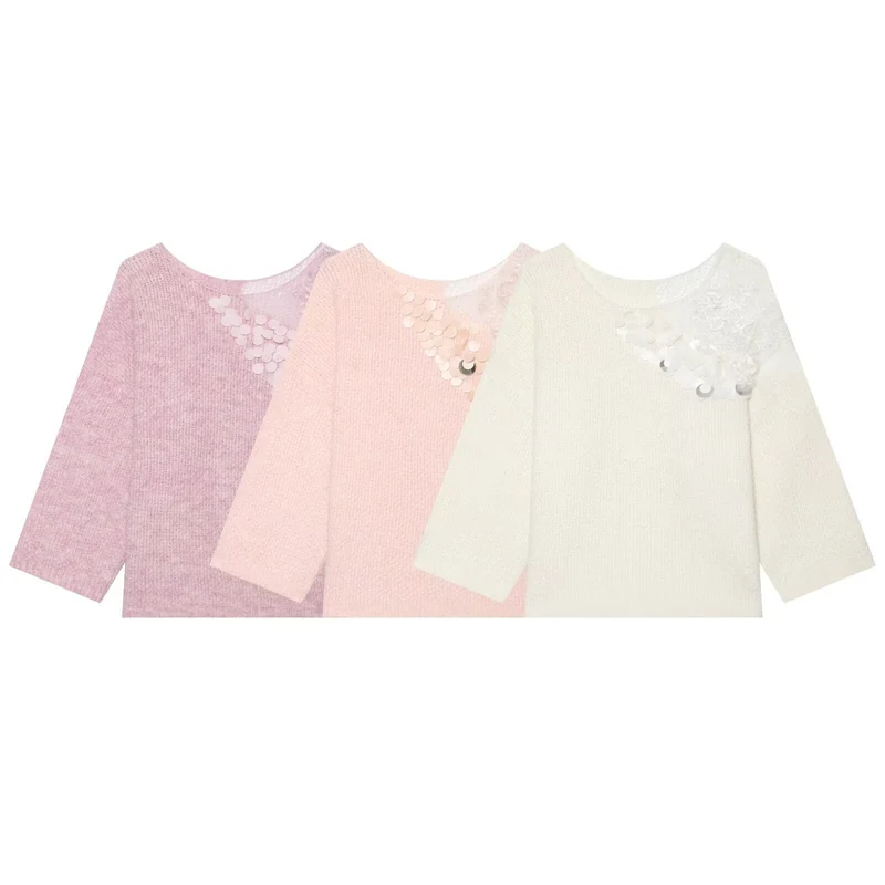 Damen Grobstrick-Pullover mit Rundhalsausschnitt, 3/4-Ärmeln und Pailletten‑Spitzenapplikation Drune