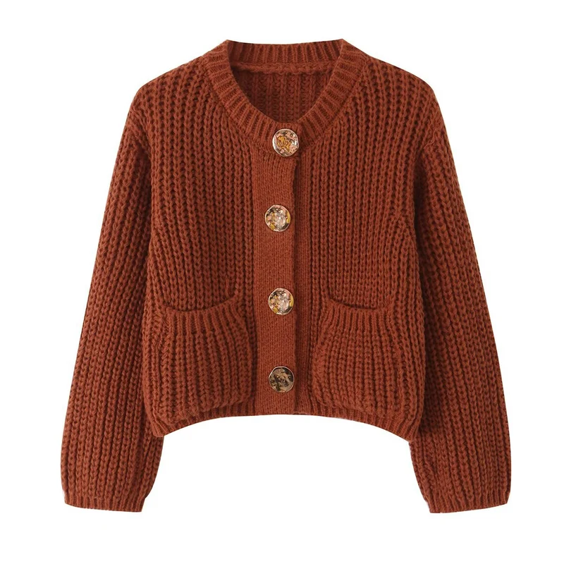 Damen Grobgestrickte Kurzstrickjacke mit großen Zierknöpfen und aufgesetzten Taschen Drune