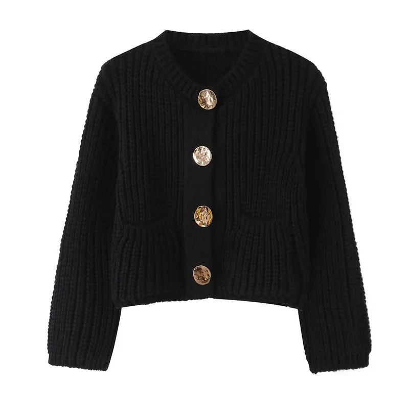 Damen Grobgestrickte Kurzstrickjacke mit großen Zierknöpfen und aufgesetzten Taschen Drune