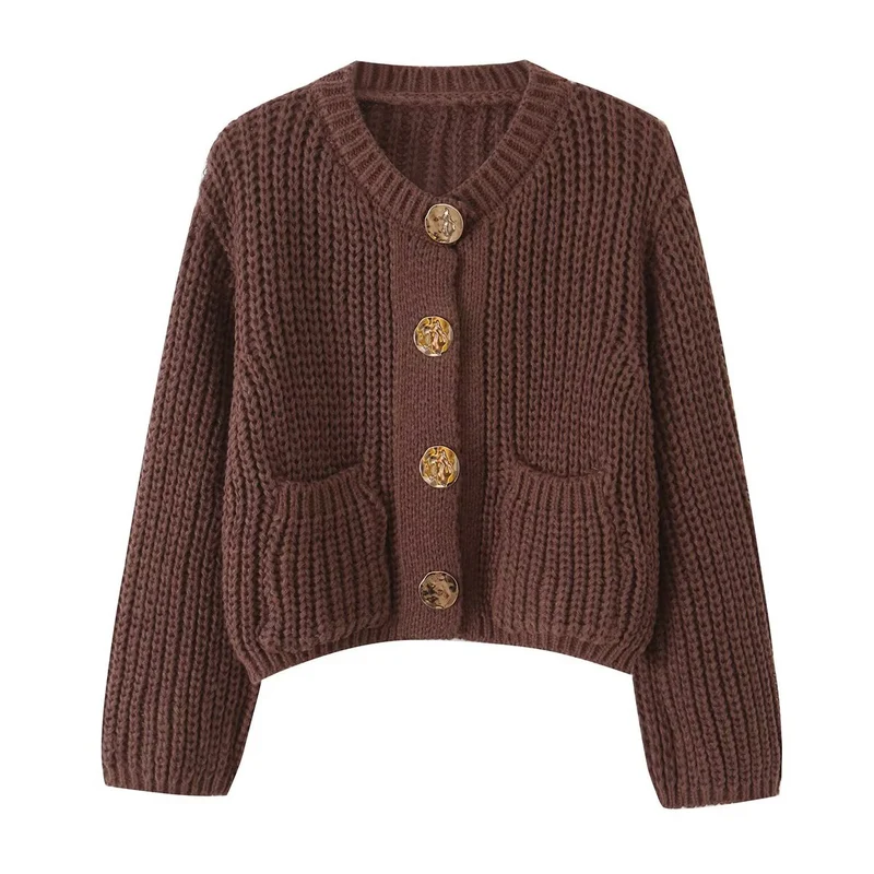 Damen Grobgestrickte Kurzstrickjacke mit großen Zierknöpfen und aufgesetzten Taschen Drune