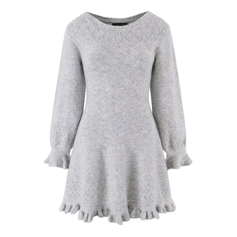 Damen Gestricktes A‑Linien Kleid mit Rüschenbündchen und Lochmuster Drune