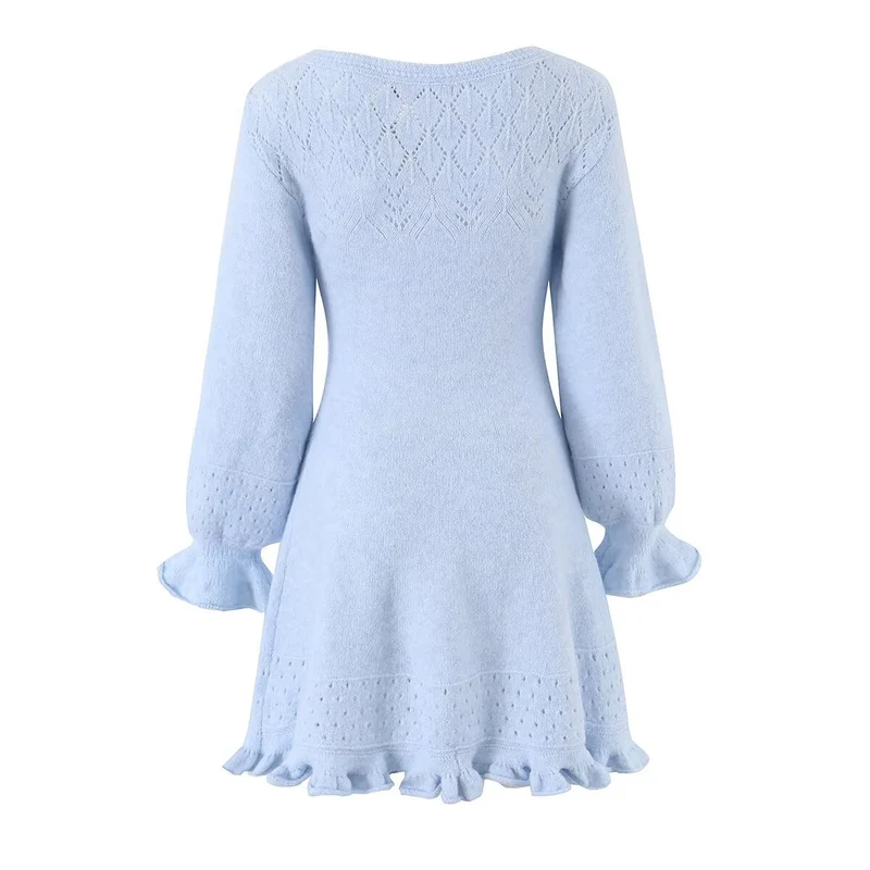 Damen Gestricktes A‑Linien Kleid mit Rüschenbündchen und Lochmuster Drune