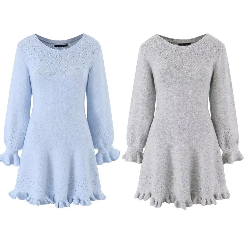 Damen Gestricktes A‑Linien Kleid mit Rüschenbündchen und Lochmuster Drune