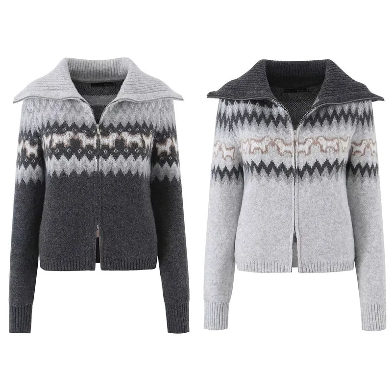 Damen Gestrickte Zip-Cardigan mit Norwegermuster und extra breitem Umlegekragen Drune