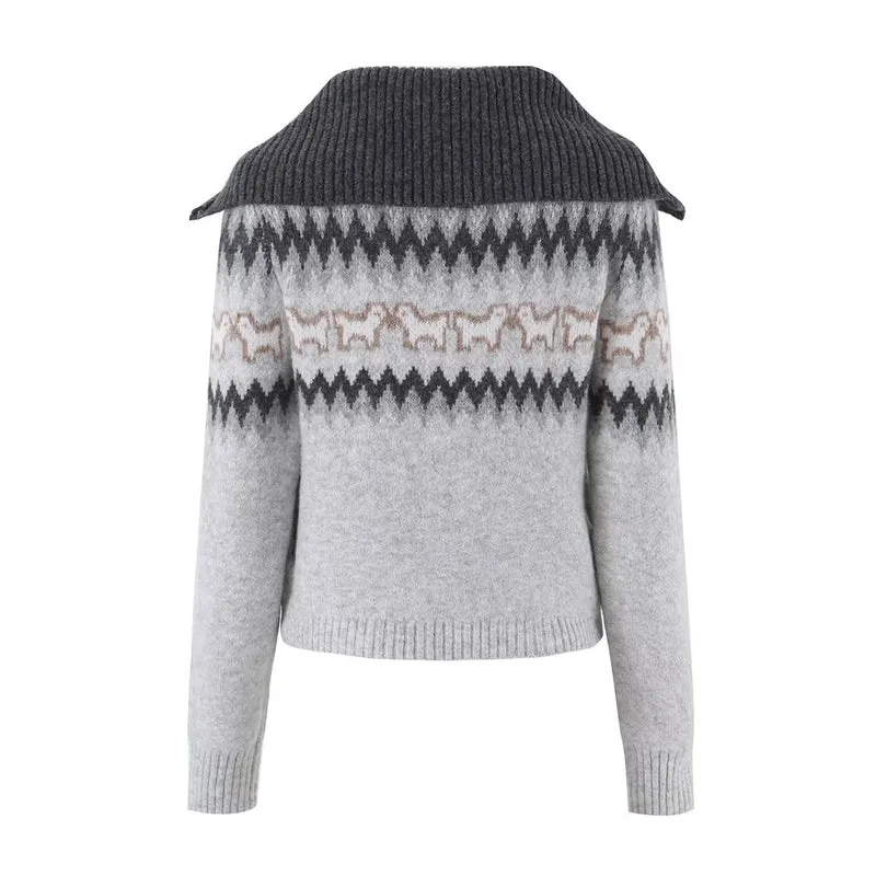 Damen Gestrickte Zip-Cardigan mit Norwegermuster und extra breitem Umlegekragen Drune