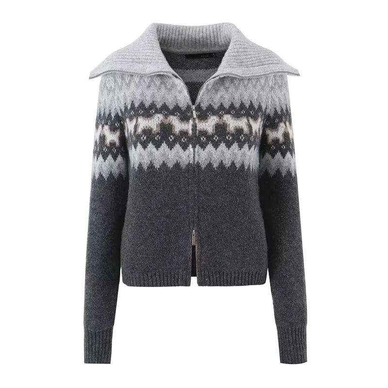 Damen Gestrickte Zip-Cardigan mit Norwegermuster und extra breitem Umlegekragen Drune