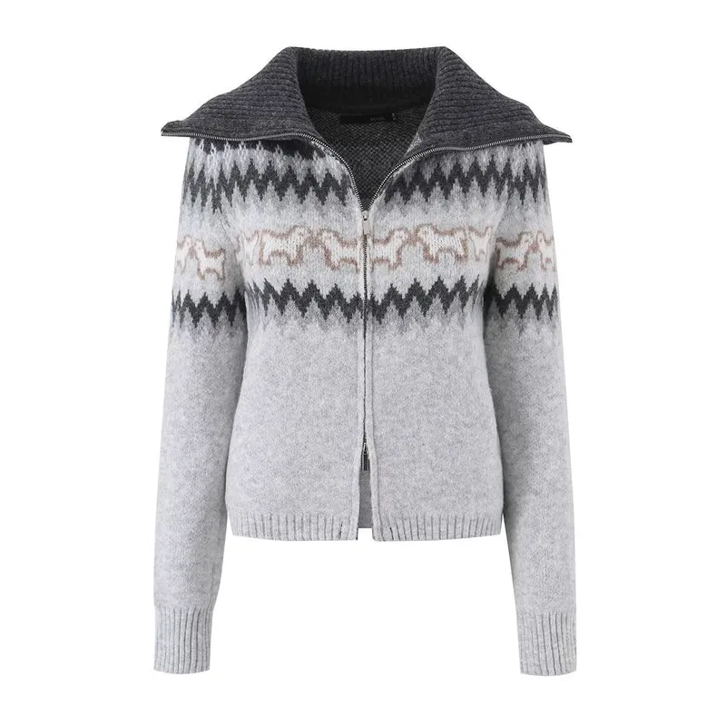 Damen Gestrickte Zip-Cardigan mit Norwegermuster und extra breitem Umlegekragen Drune