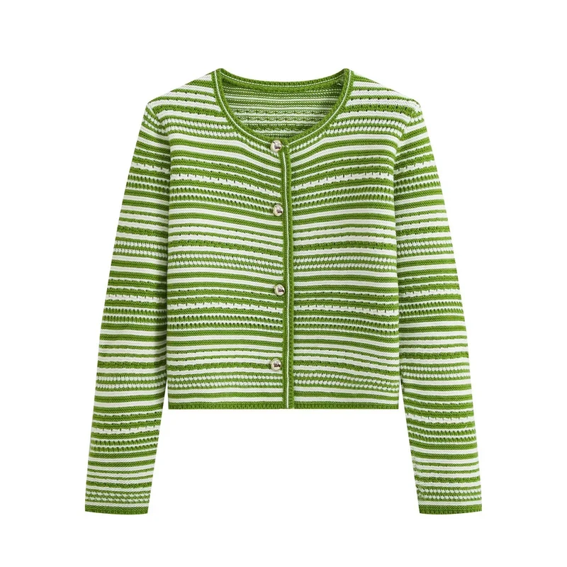 Damen gestreifte Kurzstrickjacke mit Rundhals und dekorativen Knöpfen Drune