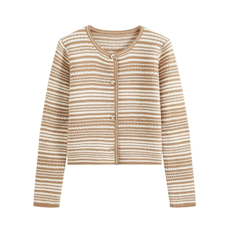 Damen gestreifte Kurzstrickjacke mit Rundhals und dekorativen Knöpfen Drune