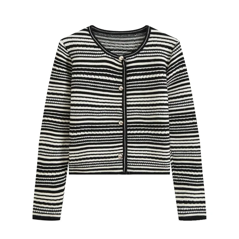 Damen gestreifte Kurzstrickjacke mit Rundhals und dekorativen Knöpfen Drune