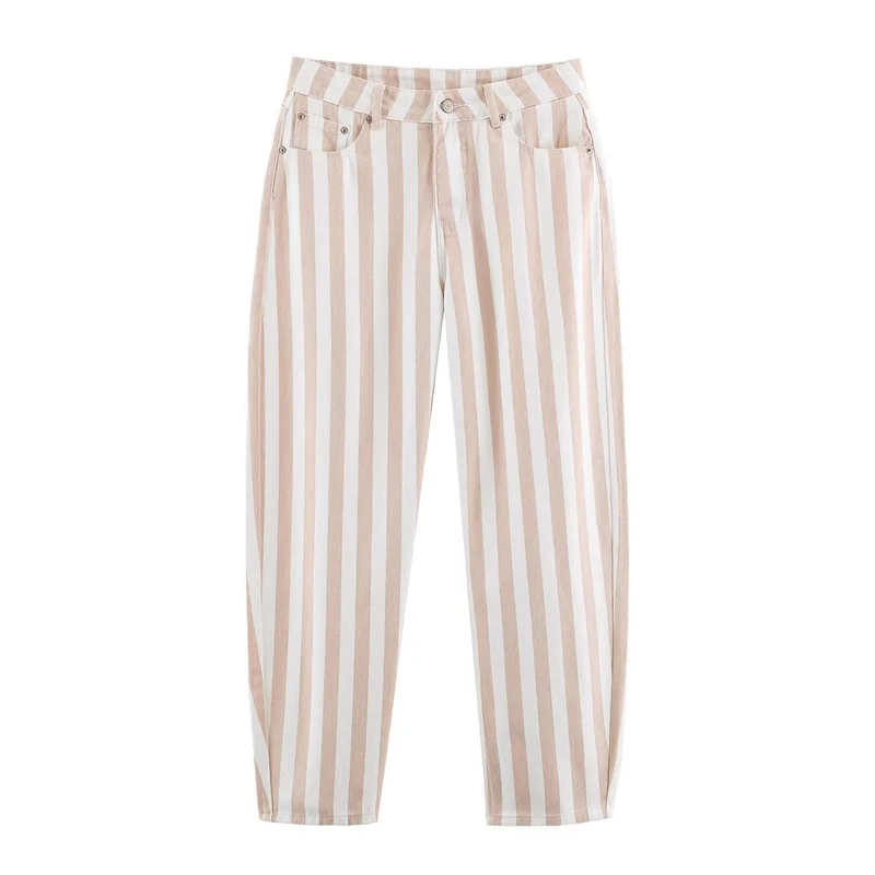 Damen Gestreifte High-Waist-Hose mit geradem Bein Drune