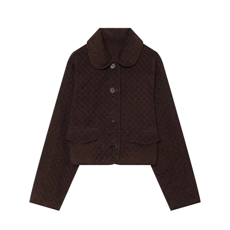 Damen Gesteppte Cordjacke im Boxy-Cropped-Schnitt mit Rundkragen und Pattentaschen Drune