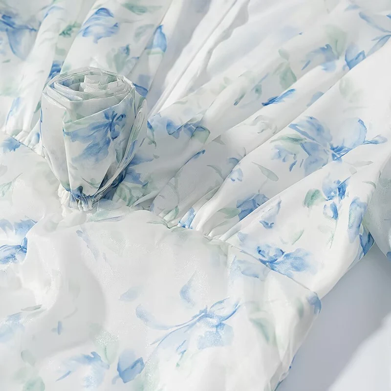 Damen gerafftes Minikleid mit V-Ausschnitt, Rüschen und Blumenapplikation Drune