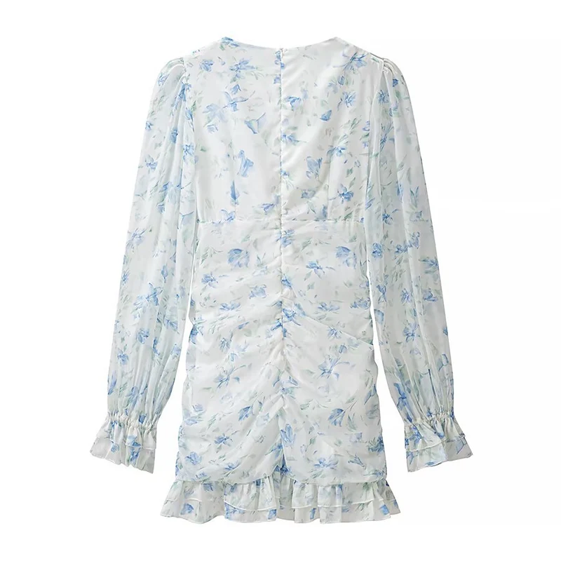 Damen gerafftes Minikleid mit V-Ausschnitt, Rüschen und Blumenapplikation Drune