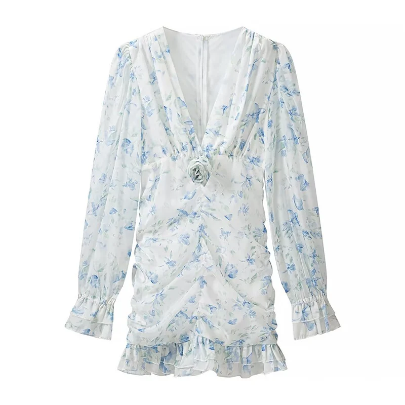 Damen gerafftes Minikleid mit V-Ausschnitt, Rüschen und Blumenapplikation Drune