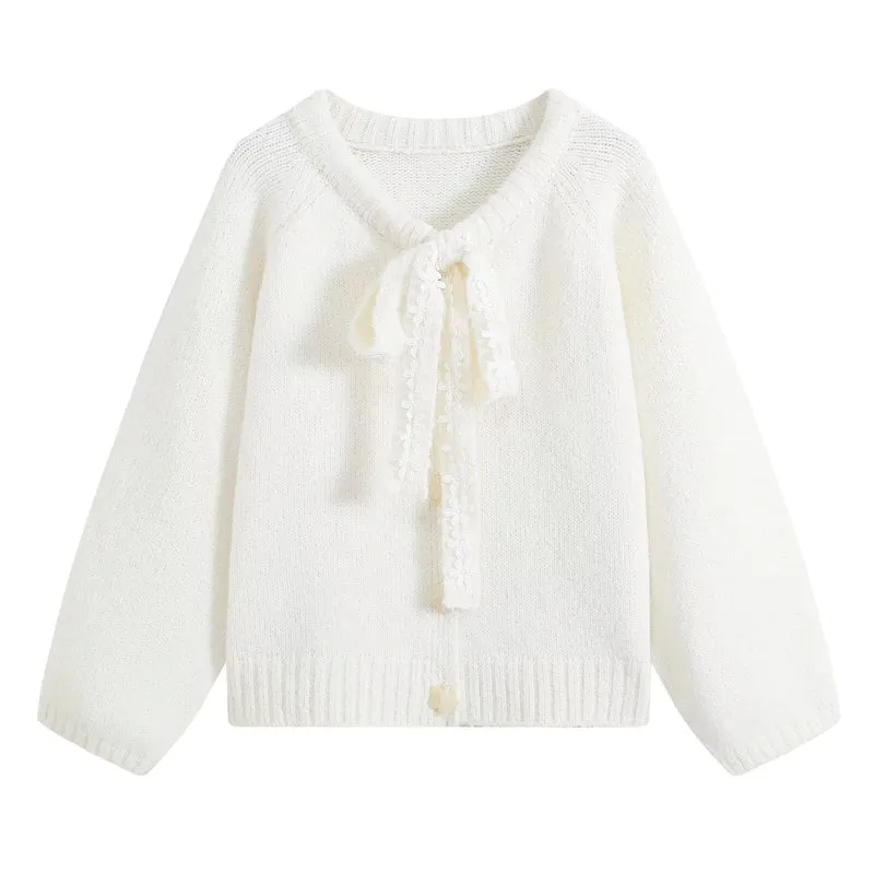 Damen Flauschige Strickjacke mit Spitzenband-Bindung Drune