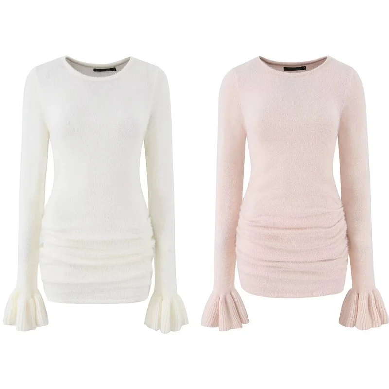 Damen Figurbetonter Feinstrick-Pullover mit geraffter Taille und Volantärmeln Drune