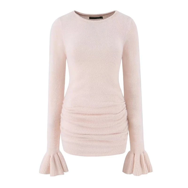 Damen Figurbetonter Feinstrick-Pullover mit geraffter Taille und Volantärmeln Drune