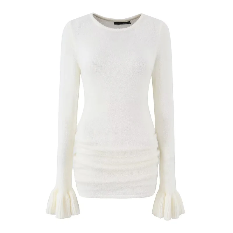 Damen Figurbetonter Feinstrick-Pullover mit geraffter Taille und Volantärmeln Drune