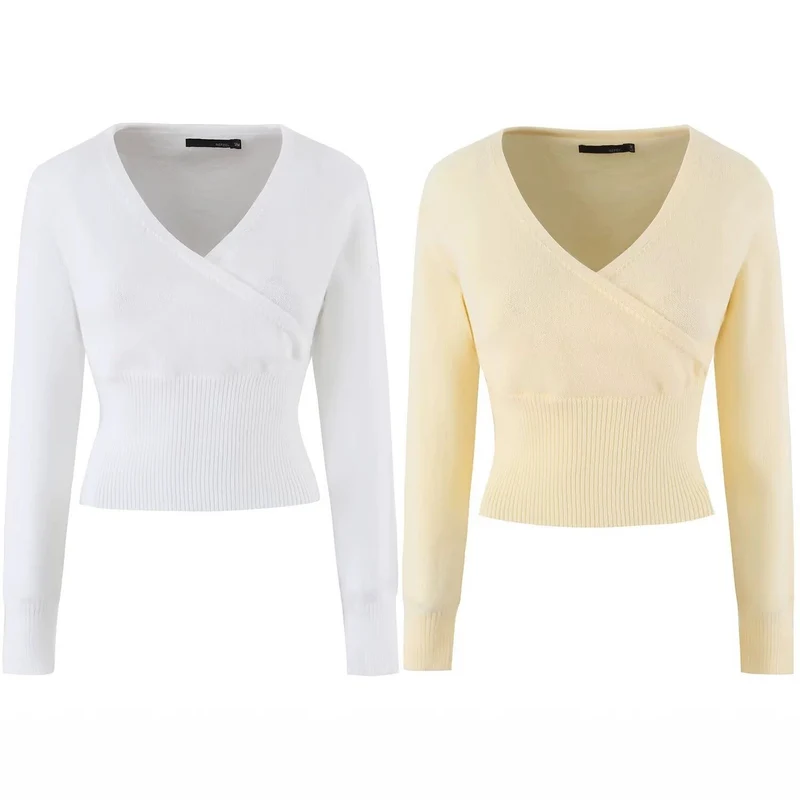 Damen Feines Wickel-Stricktop mit tailliertem Rippbund Drune