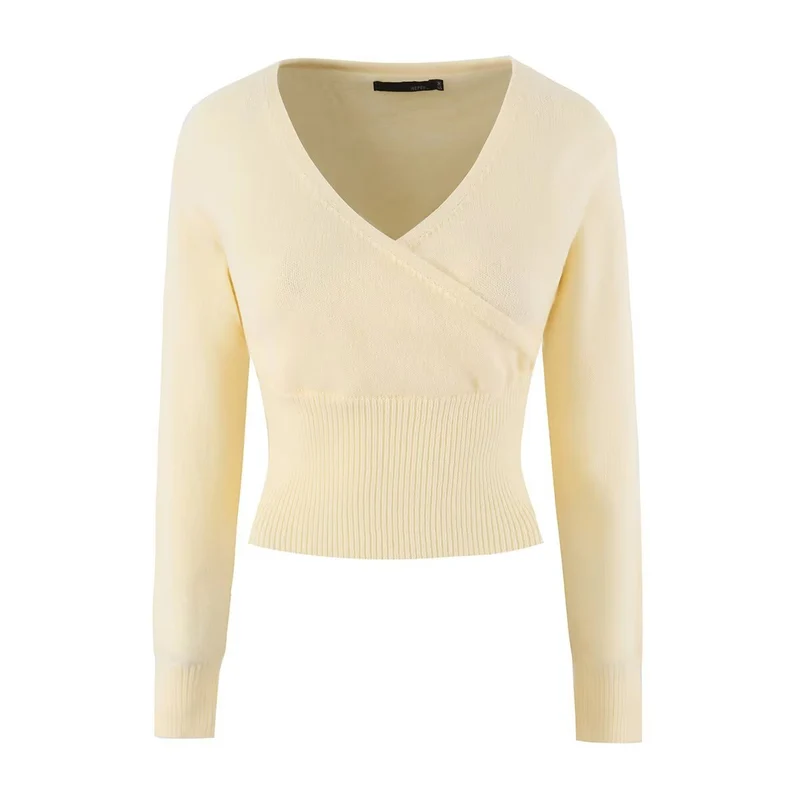 Damen Feines Wickel-Stricktop mit tailliertem Rippbund Drune