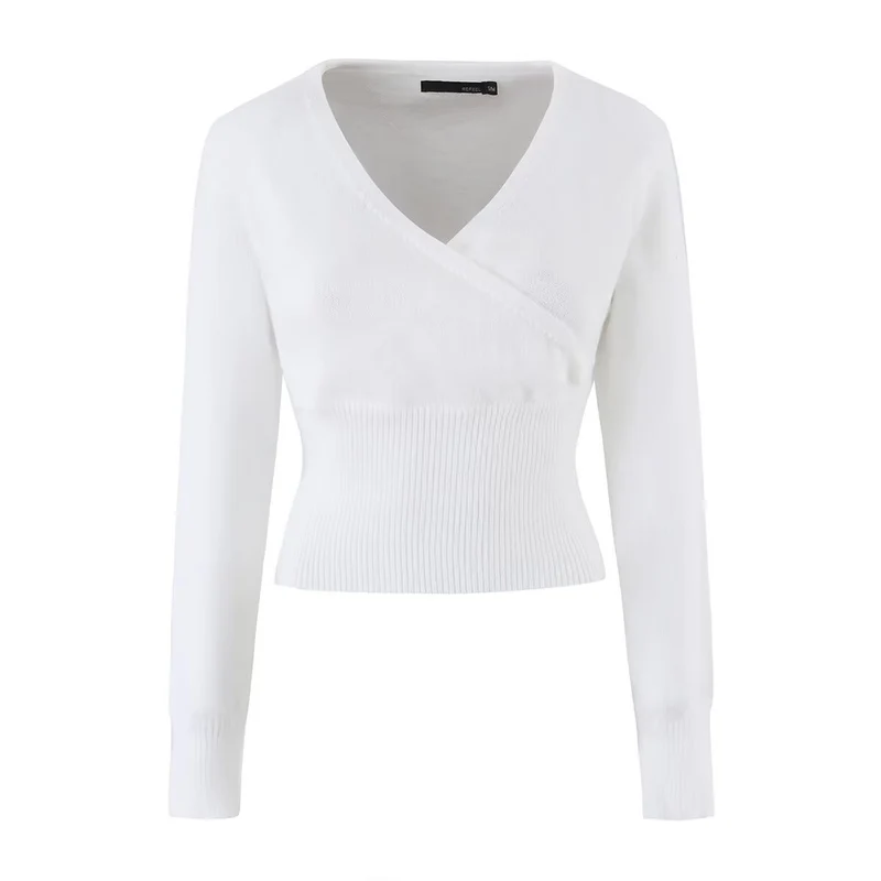 Damen Feines Wickel-Stricktop mit tailliertem Rippbund Drune